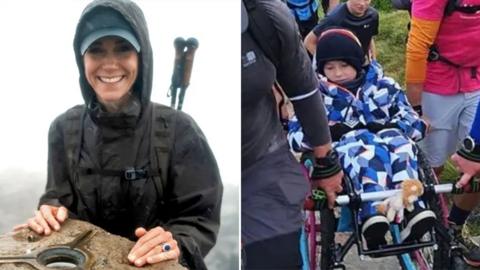 A composite image of Princess Catherine and a boy in a wheelchair on a mountain