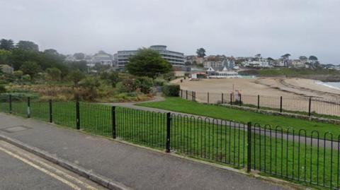 Gyllyngvase beach in the distance with grass in front of it and a stretch of road with a fence separating it.