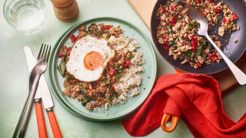 Top down view of stir-fried pork, rice and a fried egg on a green plate with cutlery next to it.
