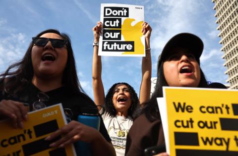 Los Angeles Times Guild members rally outside City Hall against ‘significant’ imminent layoffs at the Los Angeles Times newspaper during a one-day walkout on January 19, 2024 in Los Angeles, California.