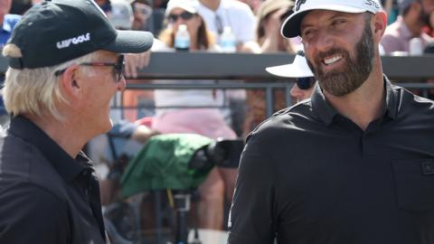 LIV commissioner Greg Norman and overall individual winner Dustin Johnson at the final event of the season in Miami