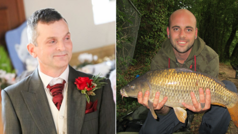 A composite of a picture of Neil Moon and Jonathan Collins. On the left is Neil Man, a man who is standing wearing a grey suit, cream waistcoat and red tie with a rose in the buttonhole of the suit jacket. He is looking away from the camera towards the right. In the photograph on the right is Jonathan Collins, a man who is knelt over wearing a green camouflage hoodie. He is looking directly at the camera and smiling while holding a fish in his hands up to the camera.