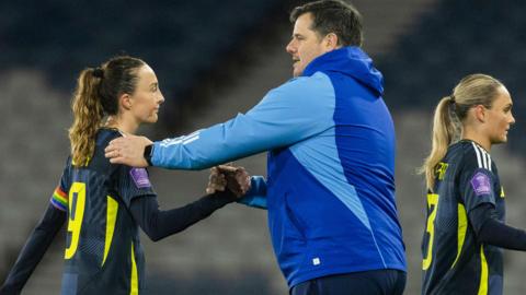 Scotland interim head coach Michael McArdle and Caroline Weir at full time during a UEFA Womens Nations League A Group 1 match between Scotland and The Netherlands at Hampden Park