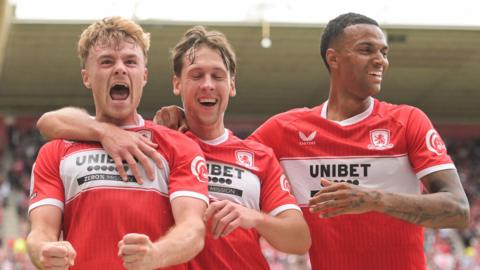 Tommy Conway (left) celebrates his winner against Sheffield United with Callum Brittain and Morgan Whittaker 