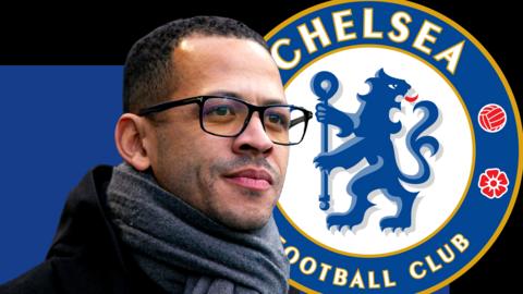 Liam Rosenior in front of a blue and black background and the Chelsea club badge