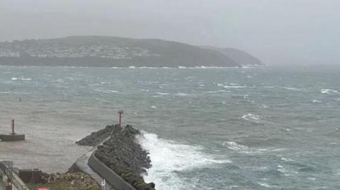 Waves breaking on Douglas breakwater