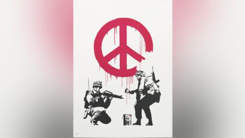 The Banksy work, featuring two soldiers painting graffiti of the Campaign for Nuclear Disarmament (CND) symbol on a wall