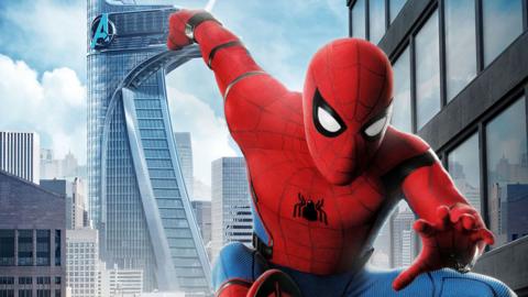 Spider-Man swinging from the Avenger's tower