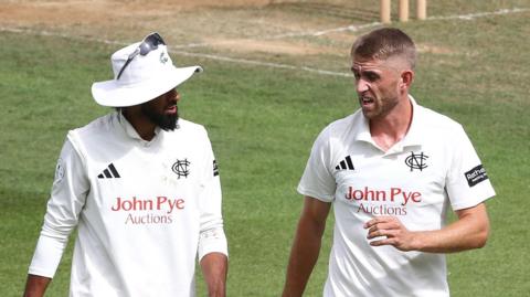 Notts captain Haseeb Hameed chats with bowler Olly Stone