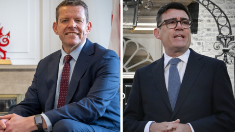 A composite image showing Wales' First Minister Rhun ap Iorwerth (left) and Prime Minister Andy Burnham (right). Ap Iorwerth is wearing a blue suit, light blue shirt and burgundy tie and is seated indoors, facing the camera in Welsh government headquarters in Cardiff. Burnham is wearing a dark suit, white shirt and pale blue tie and is pictured outside the door to 10 Downing Street.