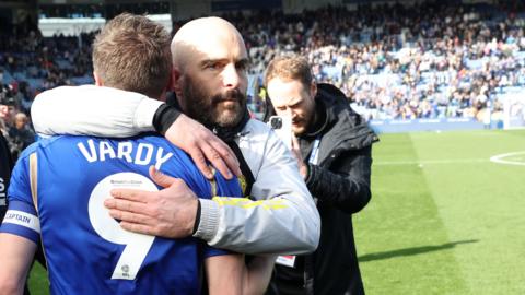 Leicester boss Enzo Maresca hugs Jamie Vardy