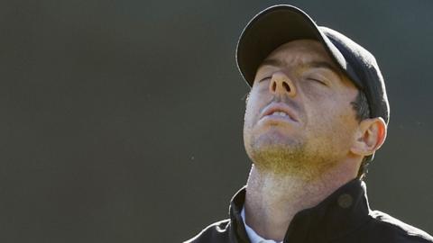 Rory McIlroy looks unhappy after a bad shot at the Genesis Invitational