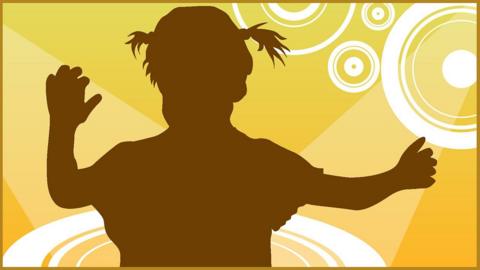 Silhouette of a child dancing on a yellow and orange background.