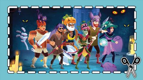 Guardians: Defenders of Mathematica characters wearing Halloween costumes in a spooky forest.