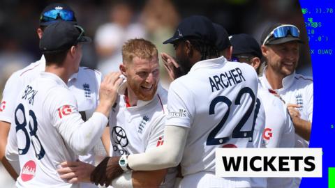 Big smiles from England cricket team as they celebrate a wicket against New Zealand on day four of the men's Test match series.