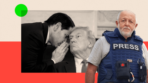 Trump image in frame showing Jeremy Bowen
