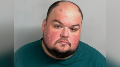 Police custody image of Gavin Plumb. He has receding hair cut short, a beard and moustache, and is wearing a turquoise top/