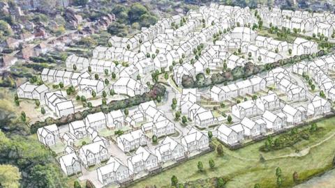 An artists impression of a planned housing estate on farmland