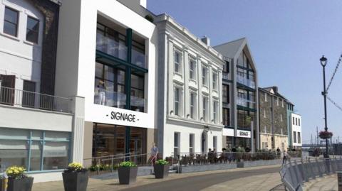 An illustration of the North Quay development on the harbourside, It sees a series of white and stone bult buildings, some with large glass windows. There are planters in a row in front of buildings.