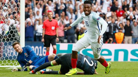 Daniel Sturridge celebrates scoring a goal for England against Wales at Euro 2016