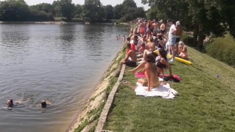 Groups swimming in the reservoir