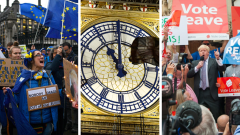 A pro-EU protester, Big Ben and Boris Johnson speaking at a rally