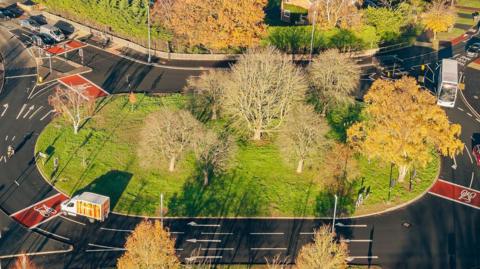 An aerial view of a grass oval-shaped roundabout with about eight leafless or autumnal trees on it. It is surrounded by a black tarmaced road with new white road markings and red rectangular boxes with cycles painted on them. Various vehicles are going around the roundabout.
