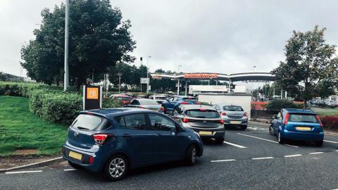 Drivers queue for fuel at a forecourt in Braehead