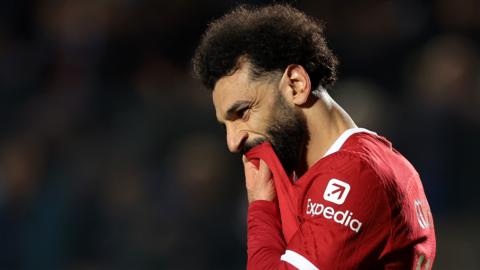 Mohamed Salah reacts as Liverpool go out of the Europa League.