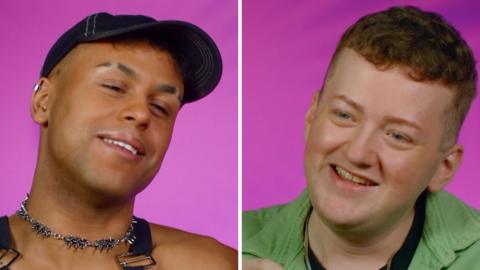 Composite image of Drag Race UK contestants Tayris Mongardi and Catrin Feelings, out of drag, in front of a pink background