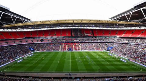 The crowd at Wembley during the last EFL Trophy final between Peterborough and Wycombe Wanderers with 42,252 in attendance.