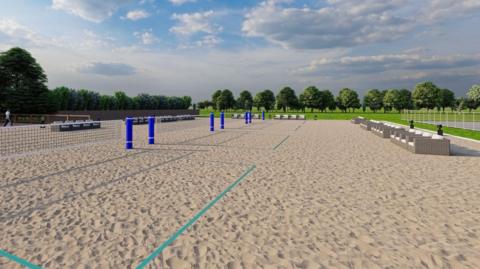 A CGI image showing what one of the outside beach volleyball courts could look like. It shows a large sandy court with four nets in the middle of the field, with blue lines marked out on the sand. Grass and trees are seen in the distance.
