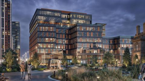 A picture showing proposed buildings in Titanic Quarter. People are walking in pathways. 
