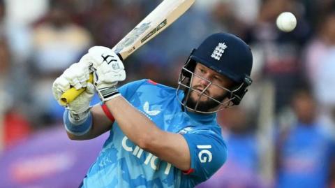 Ben Duckett plays a shot during the third ODI in India