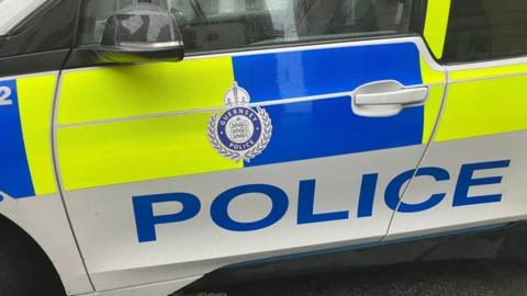 The image shows a yellow and blue police car door with the world POLICE down one side.