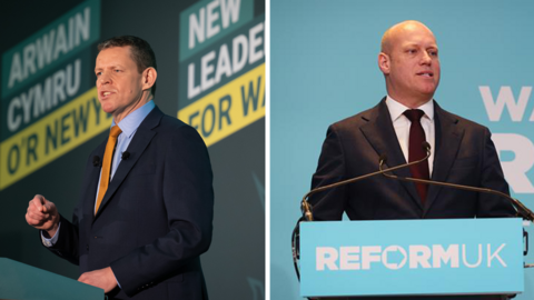 Rhun ap Iorwerth, arweinydd Plaid Cymru a Dan Thomas, arweinydd Reform yng Nghymru
