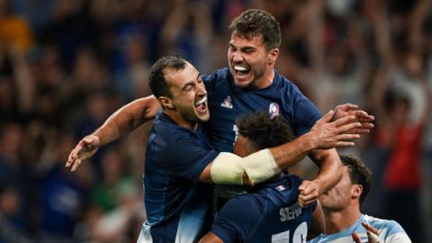 France players jump for joy after beating Argentina at the Paris 2024 Olympic Games