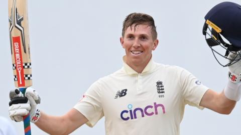 England batter Zak Crawley celebrates reaching his century against West Indies