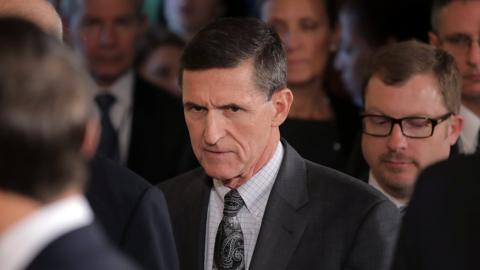 White House National Security Advisor Michael Flynn (C) arrives prior to a joint news conference between Canadian Prime Minister Justin Trudeau and U.S. President Donald Trump at the White House in Washington, U.S., February 13, 2017