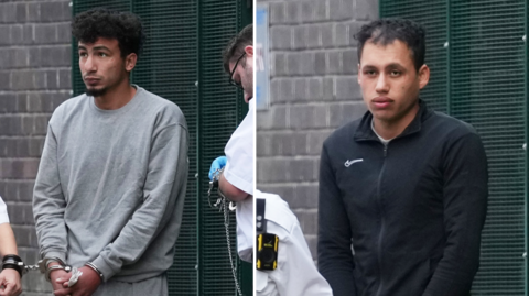 Two men in a composite image. One is wearing grey clothing and another is wearing a black jacket. The man in grey appears to be handcuffed to another person's arm.