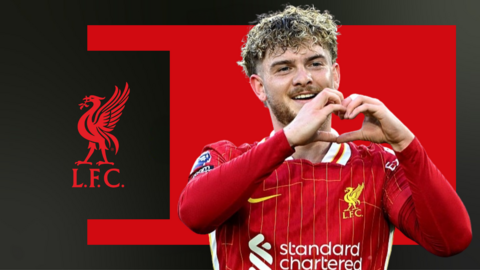 Harvey Elliott makes the shape of a heart with his hands on a graphic of Liverpool