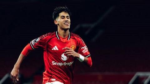 Manchester United forward JJ Gabriel celebrates his goal against Peterborough in the FA Youth Cup tie at Old Trafford