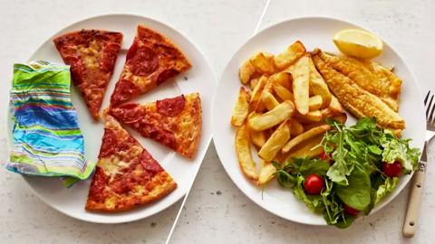 SPLIT: 

Left: A plate of pizza
Right: A plate of battered fish and chips