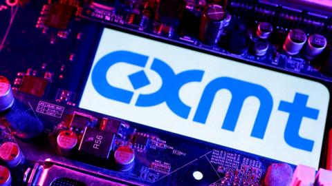  CXMT logo and computer motherboard are seen in this illustration.