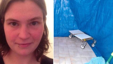 A split image of Jemma Lilley and tarpaulins at the house where police say Aaron Pajich was killed