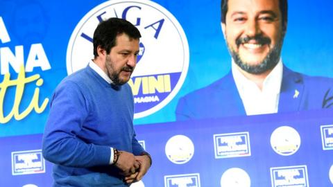 Leader of Italy's far-right League Party Matteo Salvini seen after polls close for the Emilia-Romagna regional election, in Bologna, Italy, 27 January 2020