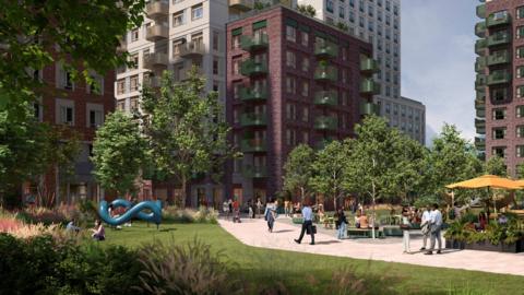 Picture of what the buildings would look like it has green space, people walking and five high rise buildings. 