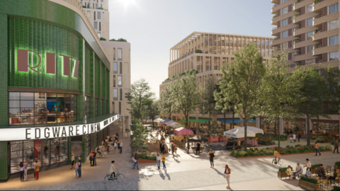 An artist's impression of part of the development, showing a green tiled cinema and square with market stalls. Multiple brick high-rise tower blocks are visible in the distance