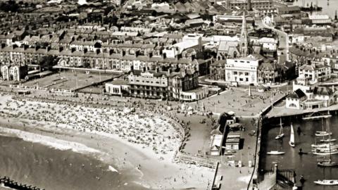 An aerial view of Kirkley, south Lowestoft and south beach in the early 1950s