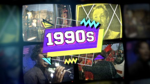 1990s graphic in purple on top of a tv screen showing 1990s scenes